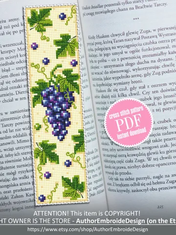 Grape vine bookmark cross stitch pattern PDF download Fruit cross stitch chart, Grapes berry embroidery, Digital bookmark pattern PDF #B143 $4.40