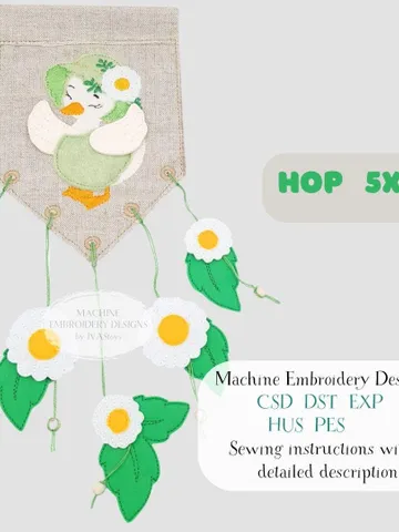 ITH Easter Duck with Daisies Banner Embroidery Design Set, Spring Felt Applique Garland Pattern, 5x7 Hoop File