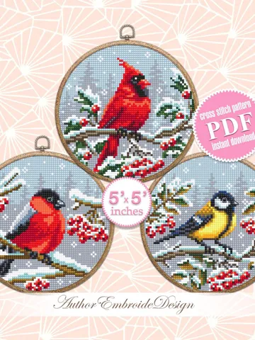 Set of 3 Winter birds cross stitch pattern PDF download Snow nature cross stitch chart, Christmas pattern digital PDF, Red Cardinal #K53 $9.90