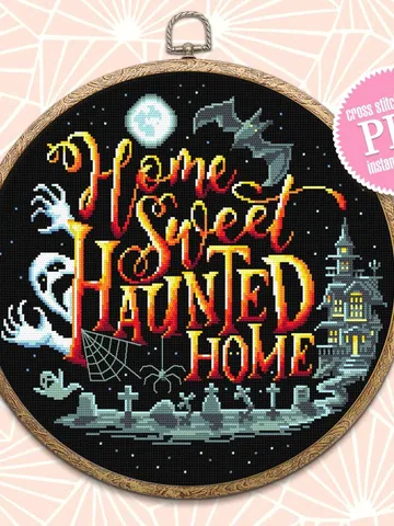 Halloween quotes cross stitch pattern download PDF, Horror cross stitch chart, Home sweet haunted home, Happy Halloween embroidery PDF #H37 $4.60