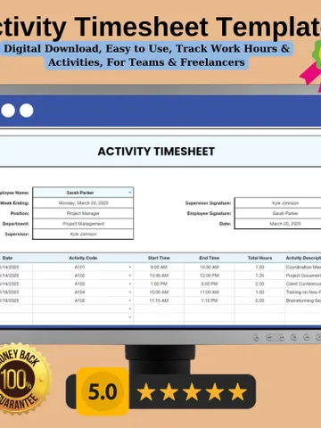 Activity Timesheet Template,Google Sheets Template, Digital Download, Easy to Use, Track Work Hours Activities, For Teams Freelancers $5.46
