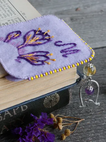 Purple floral bookmark for women Handmade corner bookmark Bookish gift for botanist hand embroidered book mark personalized with amethyst $35.00