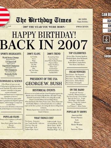 2007 poster, 16th birthday newspaper sign USA, 2007 birthday poster INSTANT DOWNLOAD, 16 years ago back in 2007, 16th birthday decorations $7.00