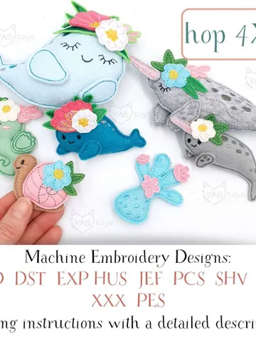 ITH Sea Animals Baby Mobile Embroidery Design Set, Felt Whales Ocean Nursery Decor Pattern, Digital File $20.00
