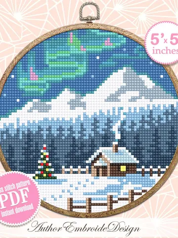 Northern lights cross stitch pattern PDF download Winter landscape cross stitch, Christmas pattern digital PDF, Winter house in forest #N165 $3.95