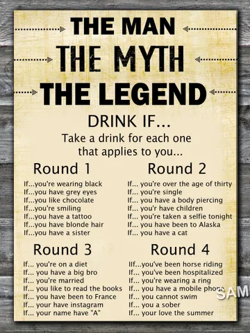 The man The myth The legend DRINK IF birthday game,Birthday Games for Him,Adult Birthday Games $1.75