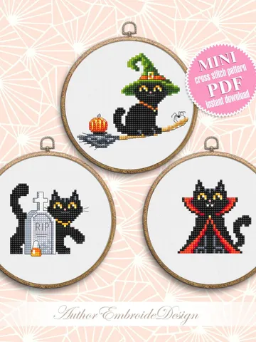 Set Halloween cats cross stitch pattern PDF download Black cat embroidery, Witch cat cross stitch chart, Vampire cat, Cat lover gift #H64 $5.50