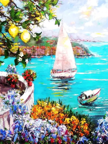 Italy Painting Amalfi Original Art Impaso Oil Painting Office painting Sea Painting Impasto Large Flowers Canvas Art 32x32 inches $4,550.00