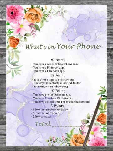 Pink Flowers Birthday Game What's in Your Phone Birthday Party Game,Adult Birthday party game-fun games for her $1.75