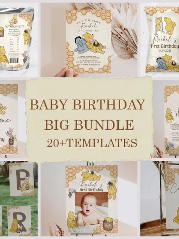 DIY Winnie Pooh Birthday Bundle; Editable 1st Birthday Party Template; Winnie the Pooh Birthday Party; Pooh Birthday Party Decoration; hc12 $46.00