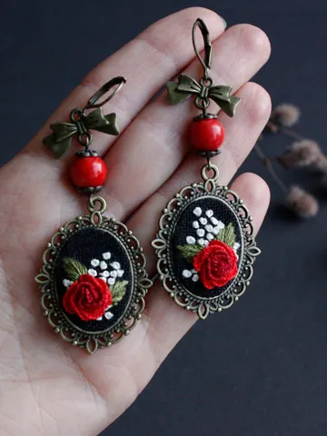 Coquette red roses earrings dangle with bows Victorian cameo rose red coral earrings Ukrainian reneissance jewelry handmade