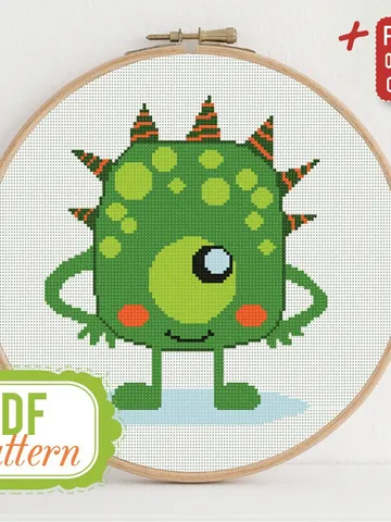 Cross stitch pattern Funny Green Monster Cross stitch pattern Kids Monster PDF Format Instant Download Home decor Modern $4.29