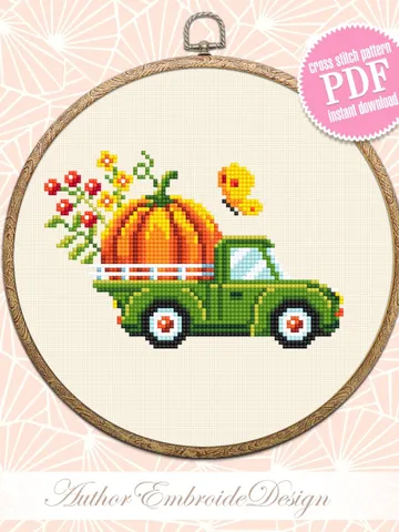 Fall truck with pumpkin cross stitch pattern PDF download Farmhouse truck cross stitch chart, Small pumpkin pattern PDF, Thanksgiving #H60 $3.60