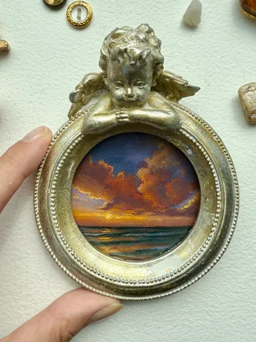 Small Landscape Oil Painting Framed Original Colorful Pink Clouds Antique Ocean Art Coastal Antique Frame Tiny Paintings 4 x 4 Art Victorian artwork