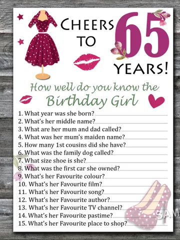 65th Birthday How well do you know the birthday girl,Adult Birthday party game-fun games for her-Instant download $1.75