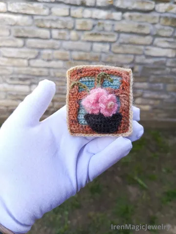 Crochet Brooch with Pink Flowers in Pot by the Window $51.00