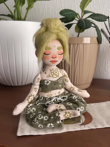Textile doll yoga girl with green hair and tattoo $120.00