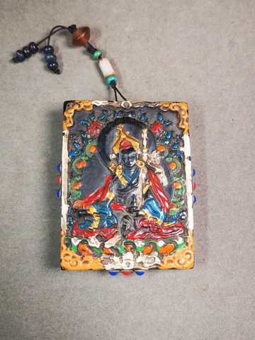 Antique Tibetan Statue - Guru Rinpoche Amulet Badge,Made of Black Jade,Inlaid 9 Eyes Dzi and Agate,85×65mm $239.99