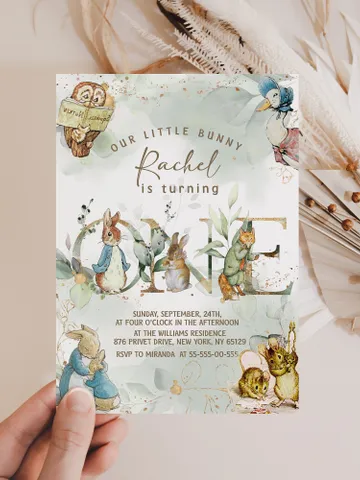 DIY Classic Peter Rabbit First Birthday Invitation; Peter Rabbit neutral birthday any age editable template; tale of peter rabbit pr5 $12.78