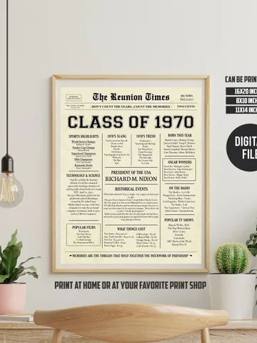 Class of 1970 NEWSPAPER Poster - 1970 Class Reunion - High School Reunion Sign - 1970 Facts for Class Reunion - INSTANT DOWNLOAD $6.50