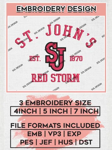 St. Johns Red Storm Est 1870 Logo Embroidery Designs, NCAA St. Johns Red Storm Team Embroidery, NCAA Team Logo, 3 sizes, Machine embroidery Files, Digital Download $6.99