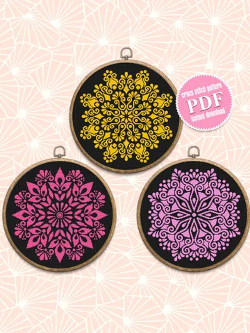 Mandala set cross stitch pattern PDF Monochrome mandala pattern digital download PDF, Flower mandala cross stitch chart, DIY Home decor #S42 $11.20