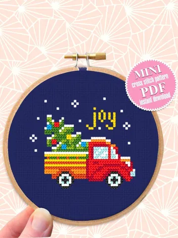 Small Christmas cross stitch pattern download PDF Vintage red truck cross stitch chart Tiny Christmas pattern digital Kids embroidery #N48 $2.50