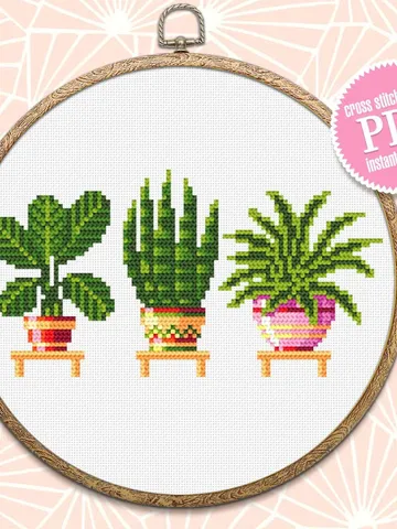 Potted plants cross stitch pattern download PDF, Small floral cross stitch chart, House plant hand embroidery PDF, Quick beginner stitch #P4 $3.20
