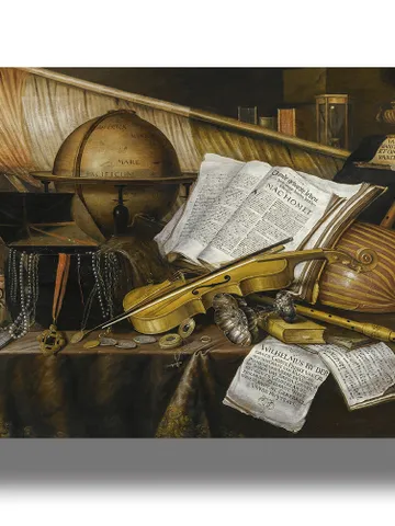 Vanitas Still life with a globe, hourglass, musical instruments and other symbols of human futility. $21.00