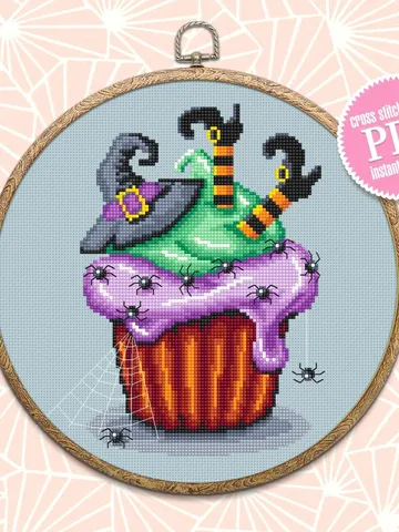 Halloween cupcake cross stitch pattern download PDF Witch cross stitch Dessert Beginner stitch Cute Halloween embroidery Sweet food #H15 $4.60