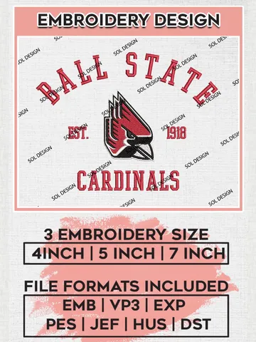 Ball State Cardinals Est 1918 Logo Embroidery Designs, NCAA Ball State Cardinals Team Embroidery, NCAA Team Logo, 3 sizes, Machine embroidery Files, Digital Download $6.99