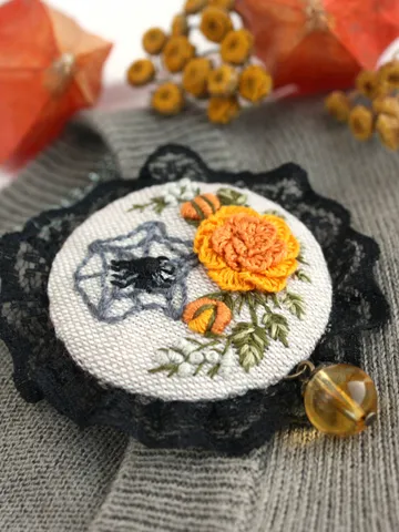 Handmade black lace spider web brooch Cloth orange rose floral pin with citrine bead Spooky Halloween jewelry $45.00
