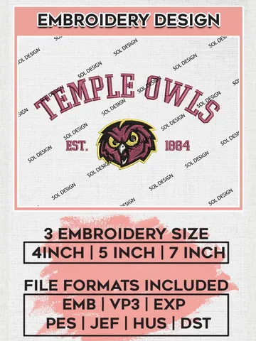 Temple Owls Est 1884 Logo Embroidery Designs, NCAA Temple Owls Team Embroidery, NCAA Team Logo, 3 sizes, Machine embroidery Files, Digital Download $6.99