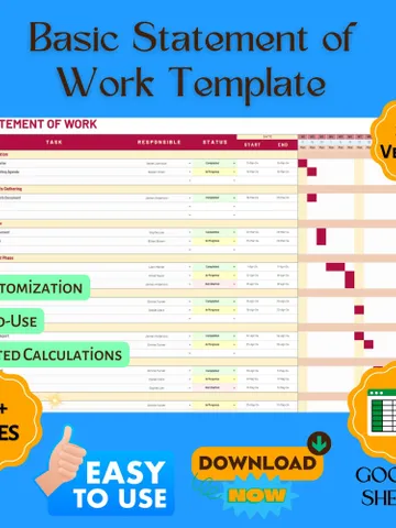 Basic Statement of Work Template | SOW Agreement Form & Work Scope Document for Google Sheets $6.90