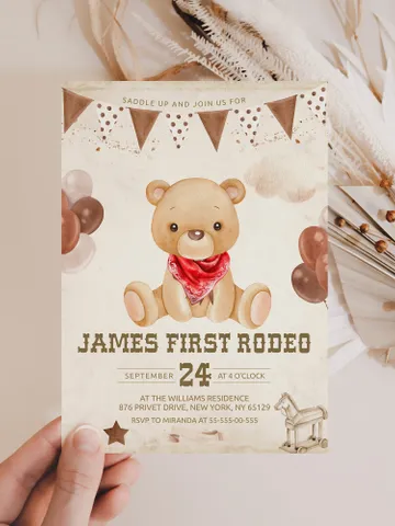 First Rodeo Wild West Birthday Invitation template; West Bearly Cowboy First Rodeo Bday Western Invite ; Our Little Cowboy is One; fr12 $12.78