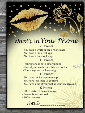 Gold Glitter Lips What's in Your Phone Birthday Party Game,Adult Birthday party game-fun games for her-Instant download $1.75