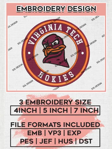 NCAA Virginia Tech Hokies Round Logo Embroidery, NCAA Virginia Tech Hokies Embroidery Design files, NCAA Teams, NCAA Machine embroidery designs, Digital Download
