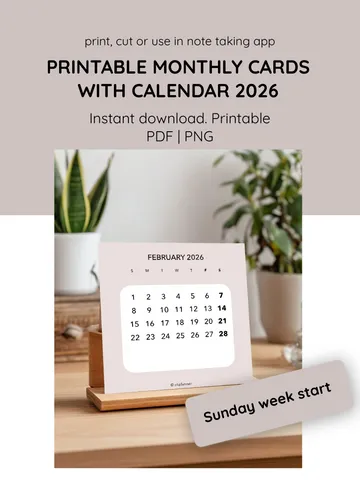 Printable Monthly Cards for Desk Calendars: Elevate Your Planner Divider Game! Functional planner cards. Monthly planner templates. Easy print desk calendar 2026. Calendar crafting. Sunday week start