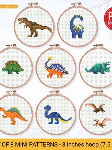 Bundle mini Dinosaurs 8 Cross stitch patterns, contemporary, Abstract, 3 inches, beginner, modern chart, gift DIY, embroidery, instant PDF $11.50