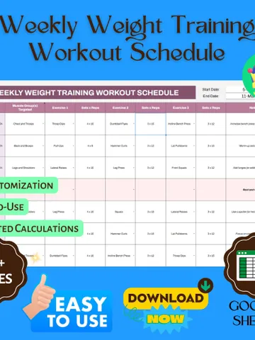 Weekly Weight Training Workout Schedule Template, Editable Google Sheets, Digital Download for Strength Training & Fitness Tracking $8.26