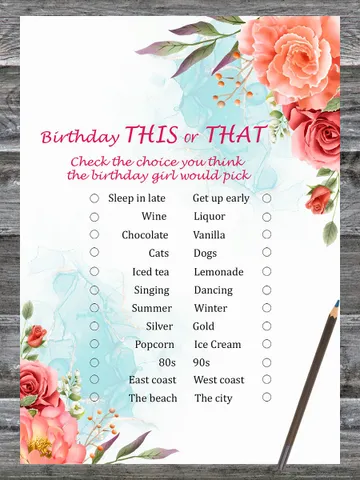 Roses Birthday This or that game,Adult Birthday party game-fun games for her-Instant download $1.75