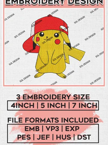 Pikachu Red Cap Embroidery Design, Pokemon Anime Embroidery File, Machine Embroidery Pes Files, Digital Download EMB_ANIME_111 $6.99