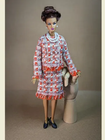 Handmade red & white bouclé suit with pearl clasps for 16-inch Fashion Royalty dolls (FR16) $62.00
