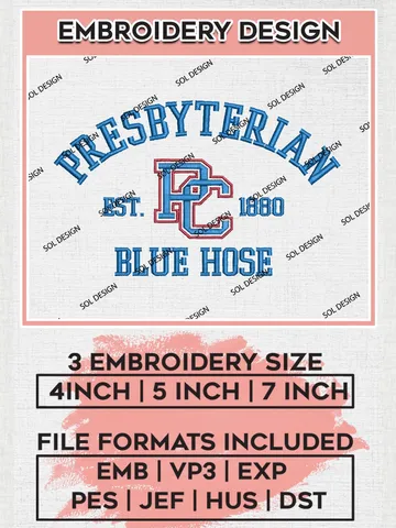 Presbyterian Blue Hose Est 1880 Embroidery Designs, NCAA Presbyterian Blue Hose Team Embroidery, NCAA Team Logo, 3 sizes, Machine embroidery Files, Digital Download $6.99