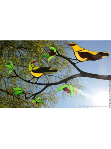 Stained Glass Orioles with Leaves and Berries, Bright Orioles Window Decor, Vibrant Glass Birds on a Branch, Stained Glass Birds — Unique Home Accent, Orioles and Greenery Tiffany Glass Art, Handcrafted Glass Orioles with Hanging Option, Decorative Staine $181.00