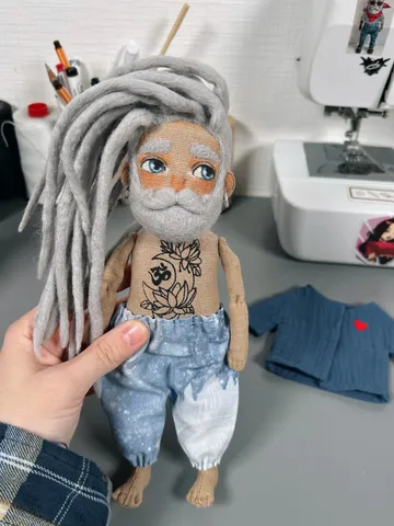 Textile art doll Yoga man with silver dreadlocks