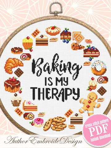 Dessert wreath cross stitch pattern PDF download Cross stitch quote Baking is my therapy, Kitchen pattern digital PDF, Funny quotes #Q59 $4.60