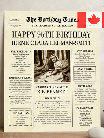 1930 birthday newspaper 95th printable poster canada 95th birthday gift for grandma 95th birthday party decorations canadian fun facts $15.00