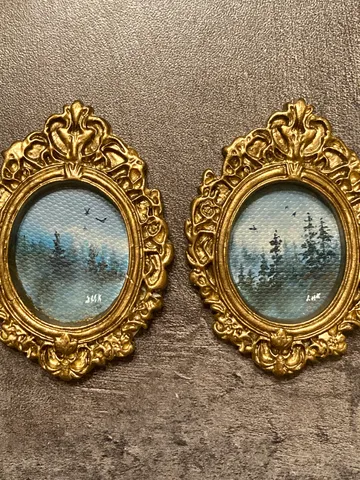 Forest Landscape Oil Painting Set of 2 Original In Vintage Style Frame Small Framed Oval Painting Art $70.00