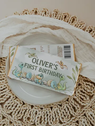 Editable Chocolate Wrapp Dinosaur First Birthday Label; Dinosaur Party; Dinosaur T-rex Party Birthday Template Instant Download; di1 $10.45
